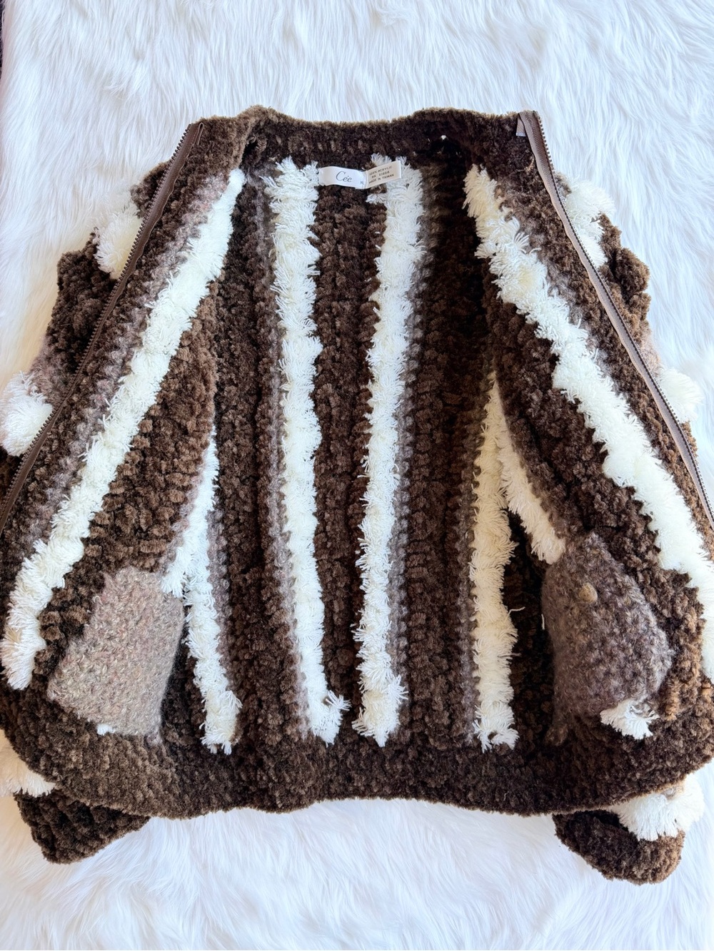 Vintage 90s Cee Brown Stripe Pom-Pom Fuzzy Zip Jacket Novelty Knit XL - Picture 11 of 13
